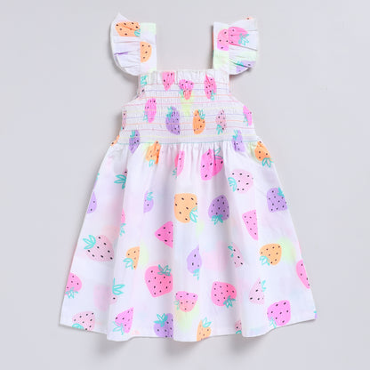 Cute strawberry print casual dress with smocking