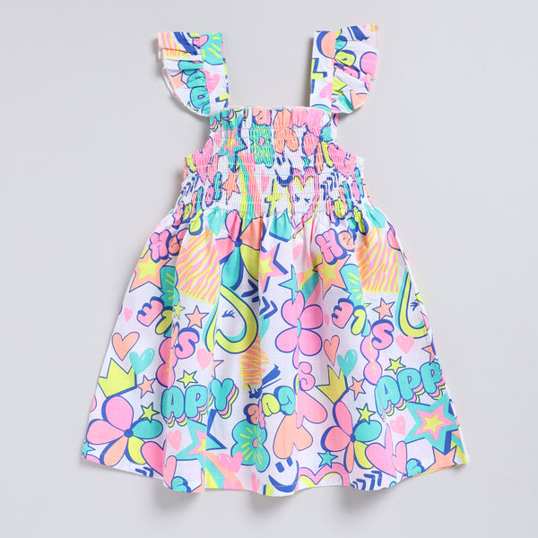 Vibrant print casual dress with smocking