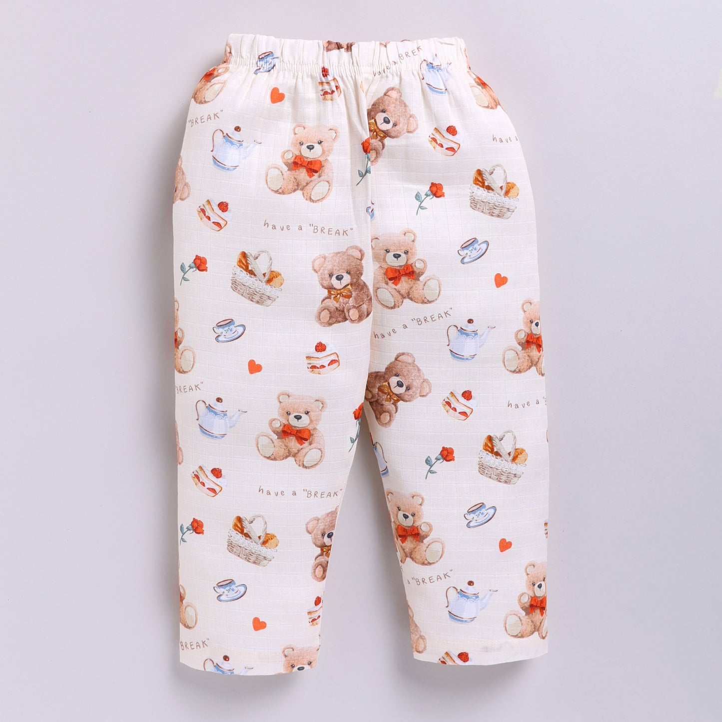 Teddy Bear Print Cotton Night Suit Set | Cream