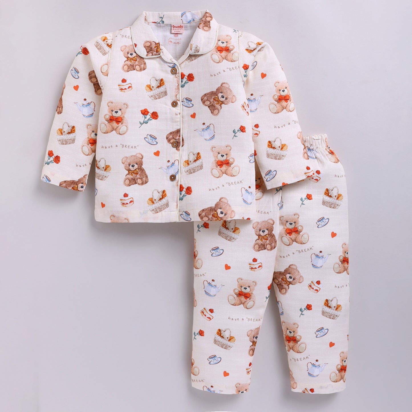 Teddy Bear Print Cotton Night Suit Set | Cream