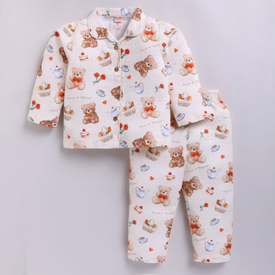 Teddy Bear Print Cotton Night Suit Set | Cream