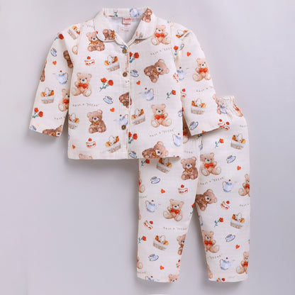 Teddy Bear Print Cotton Night Suit Set | Cream