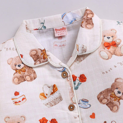 Teddy Bear Print Cotton Night Suit Set | Cream