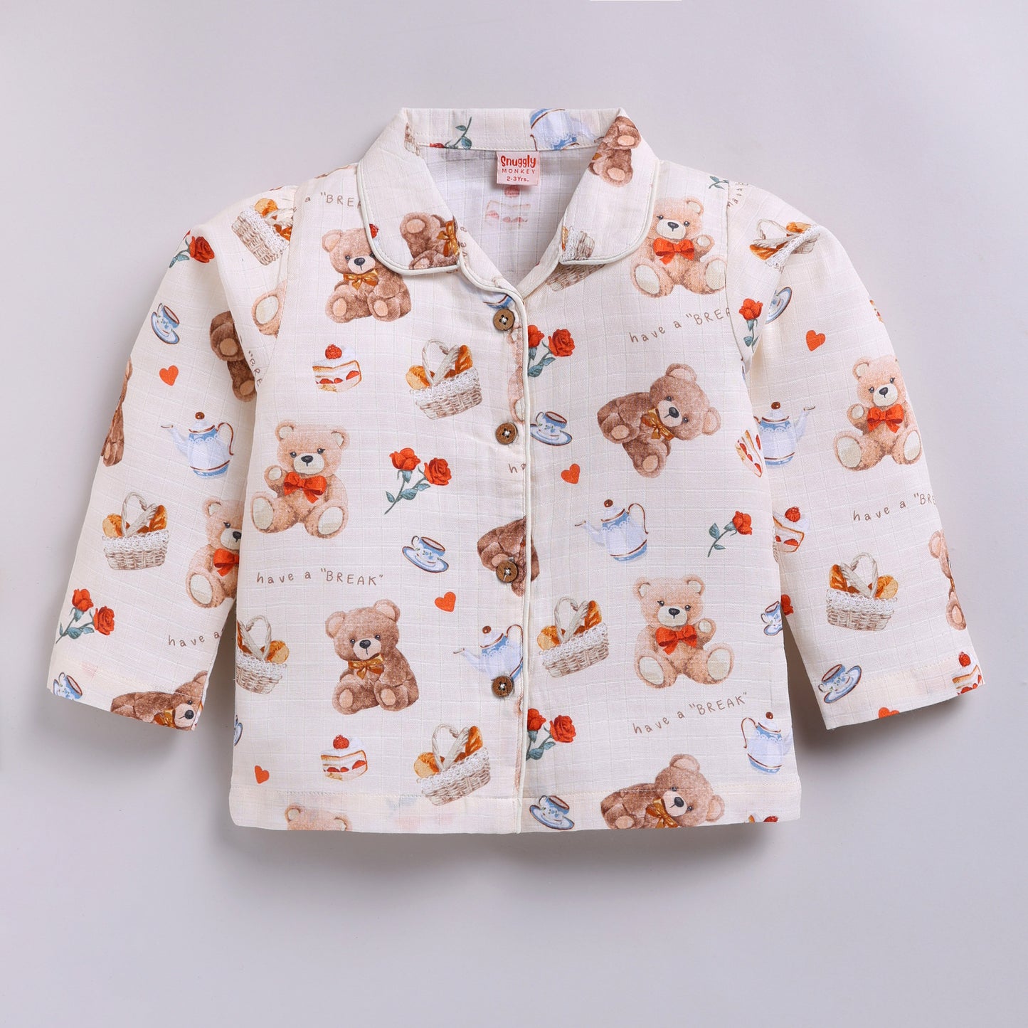 Teddy Bear Print Cotton Night Suit Set | Cream