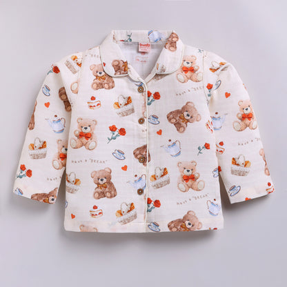 Teddy Bear Print Cotton Night Suit Set | Cream