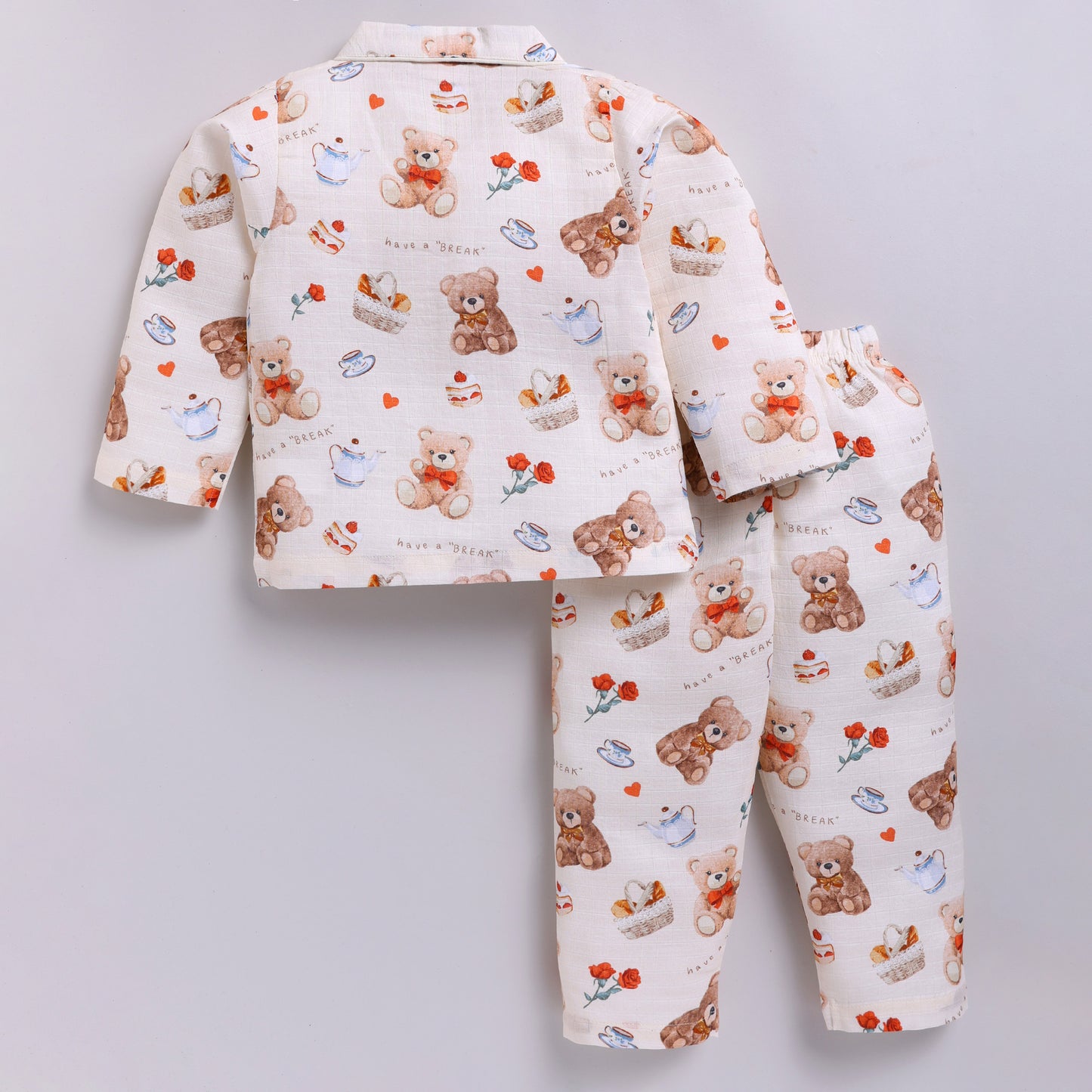 Teddy Bear Print Cotton Night Suit Set | Cream