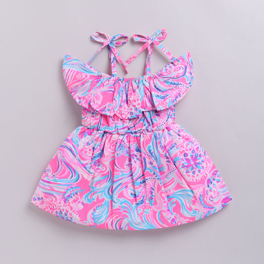Cute Neon Pink Blue Off-Shoulder Frock