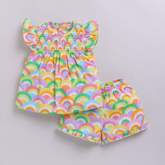Rainbow print Smocked Tops with Shorts set