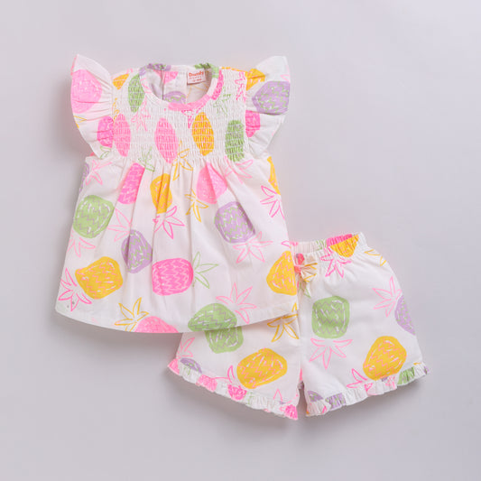 Cute Pineapple Print Smocked Top with Shorts Set