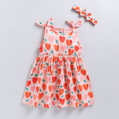Heart Print Summer Frock with Matching Hairband | Orange