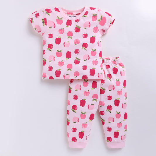 Cute Apple Print Nightsuit Set - Pink