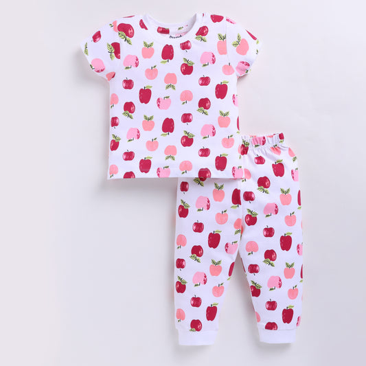 Adorable Apple Print Nightsuit Set - White