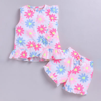 Neon Flower Theme Top with Shorts - Pink