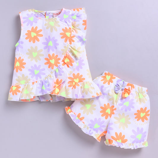 Neon Flower Theme Top with Shorts - Orange