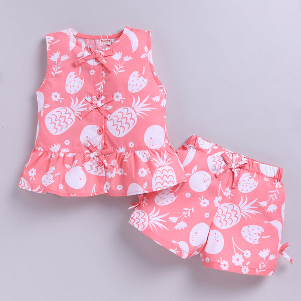 Adorable Fruit Print Cotton Top and Shorts - Peach