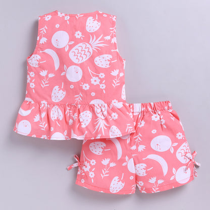 Adorable Fruit Print Cotton Top and Shorts - Peach