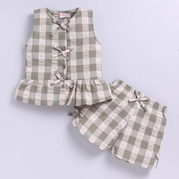 Gingham Checks Top with Shorts - Olive