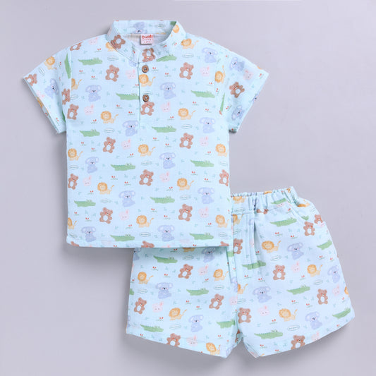 Jungle-theme Muslin Top with Shorts - Mint
