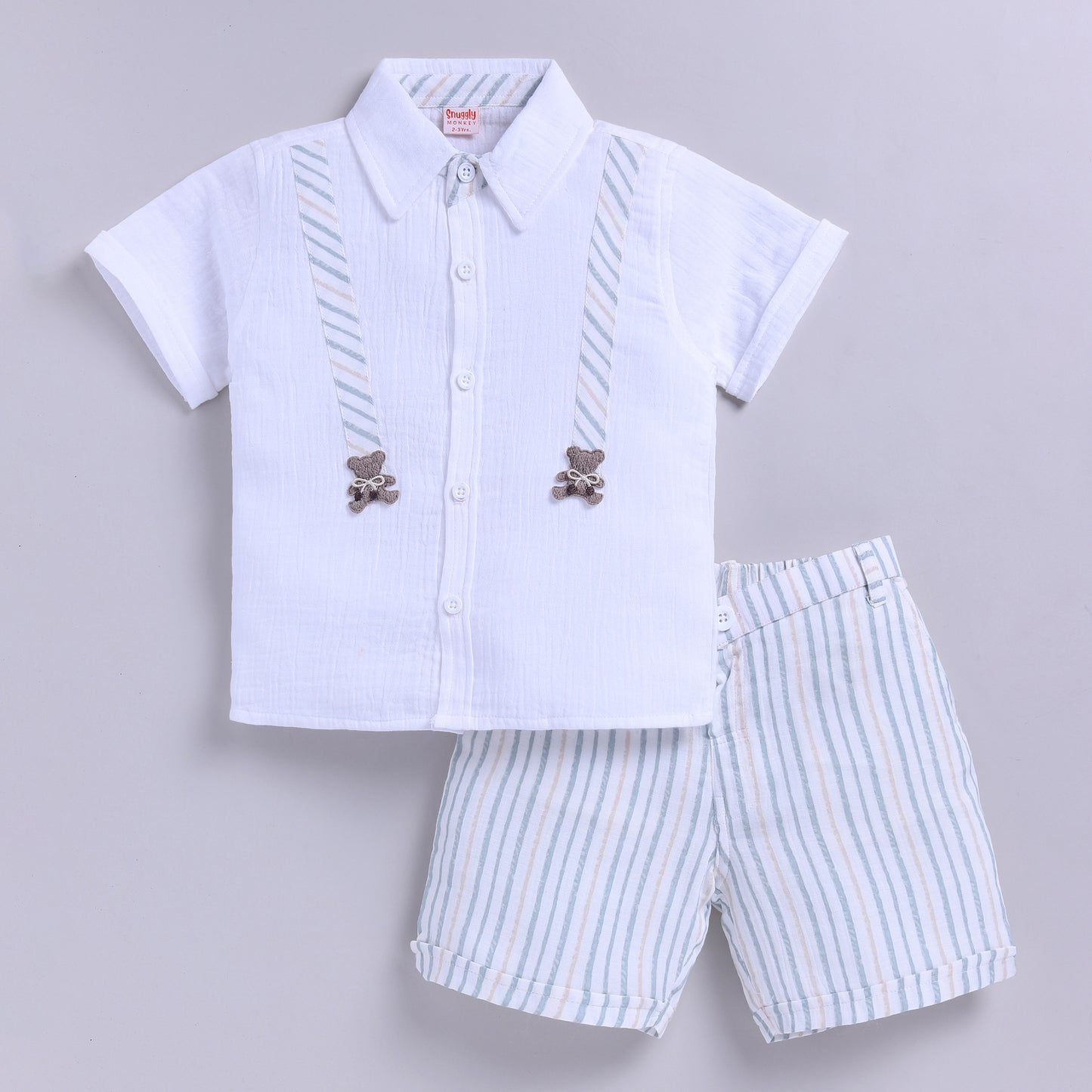 Cute Bear Muslin Shirt with Shorts - Sage