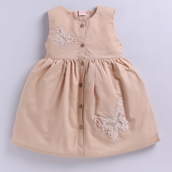 Beige 100% Cotton Frock with Butterfly Appliqué