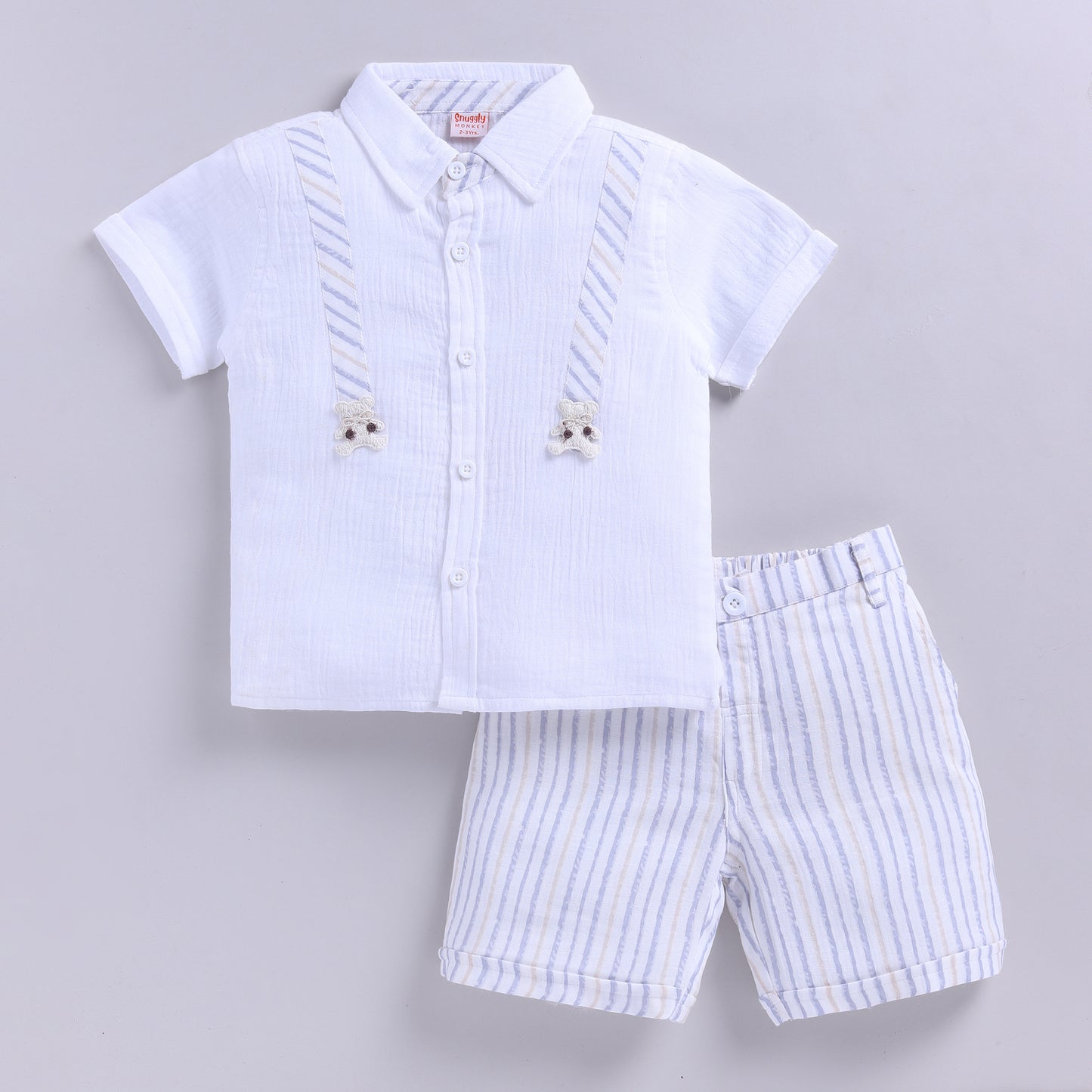 Cute Bear Muslin Shirt with Shorts - Blue