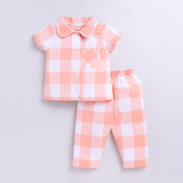 Checks Design Nightsuit Set - Peach