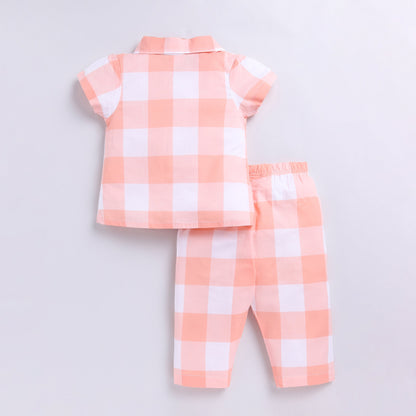 Checks Design Nightsuit Set - Peach
