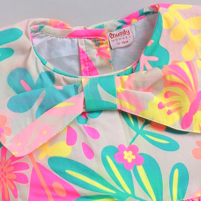 Tropical Floral Print Cotton Dress with Statement Collar