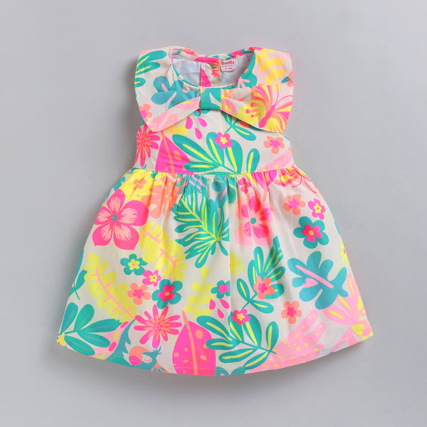 Tropical Floral Print Cotton Dress with Statement Collar