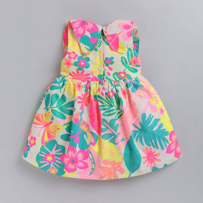 Tropical Floral Print Cotton Dress with Statement Collar