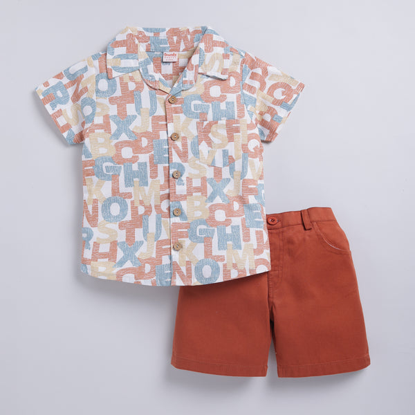 Alphabet print shirt with solid cotton shorts - Rust