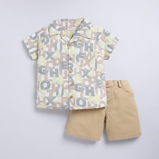 Trendy alphabet print shirt with solid cotton shorts - Beige