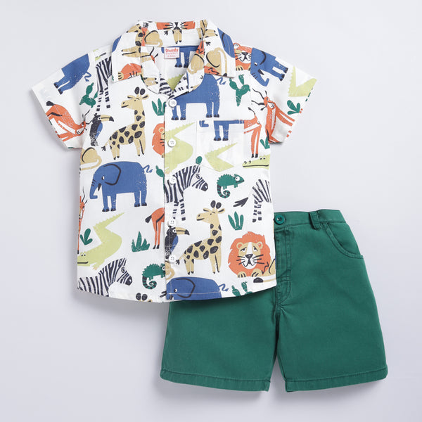 Jungle Animal Print Shirt & Shorts Set - Green