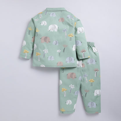 Elephant Safari Print Cotton Nightsuit Set - Green ( 9-12M to 5-6Y)