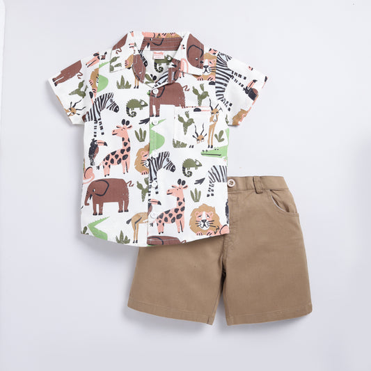 Jungle Animal Print Shirt & Shorts Set - Beige