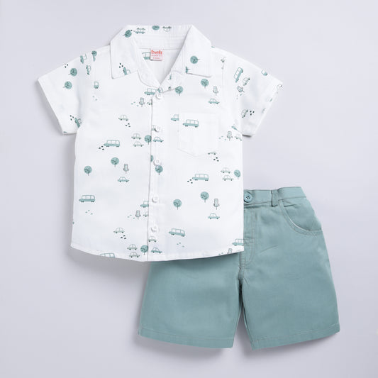 Teal Green 100% Woven Printed Shirt and Solid Shorts Set