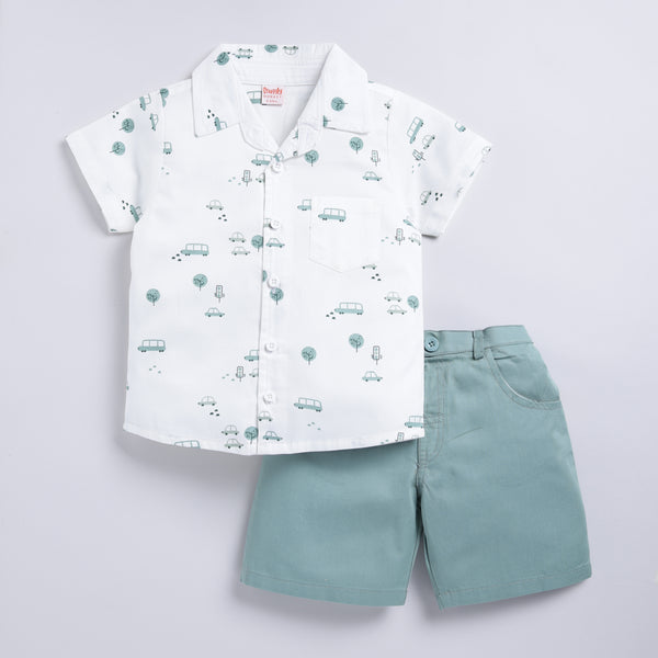 Teal Green 100% Woven Printed Shirt and Solid Shorts Set