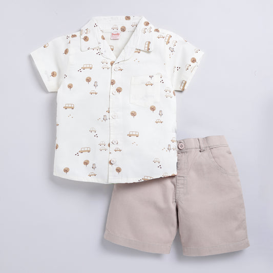Beige 100% Woven Printed Shirt and Solid Shorts Set