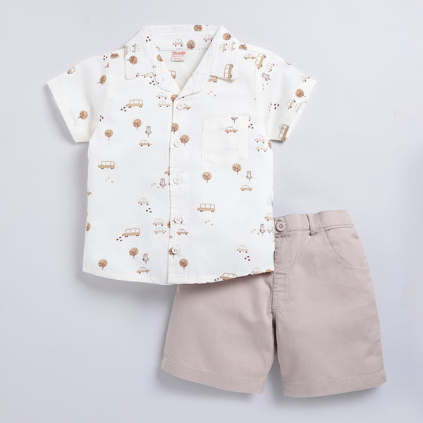 Beige 100% Woven Printed Shirt and Solid Shorts Set