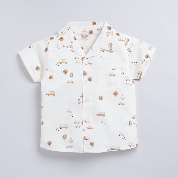 Beige 100% Woven Printed Shirt and Solid Shorts Set