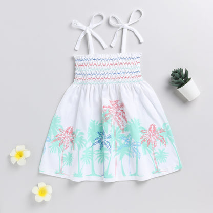 Cool Tropical Print White Smocking Frock