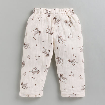 Muslin Cotton Full Floral Girls Nightsuit Set - Brown