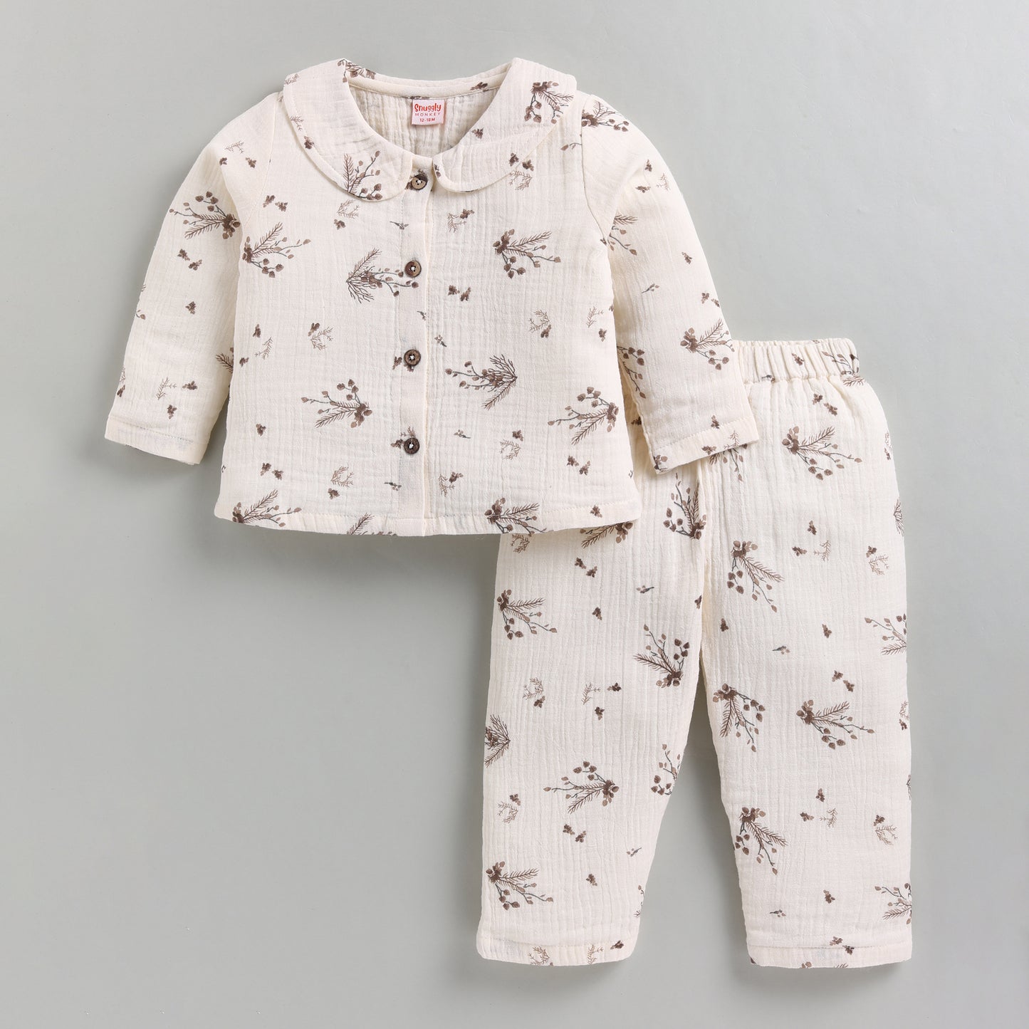 Muslin Cotton Full Floral Girls Nightsuit Set - Brown