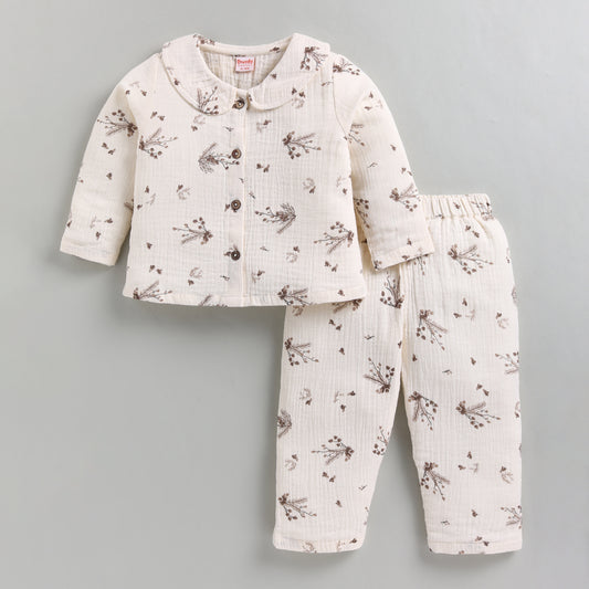 Muslin Cotton Full Floral Girls Nightsuit Set - Brown