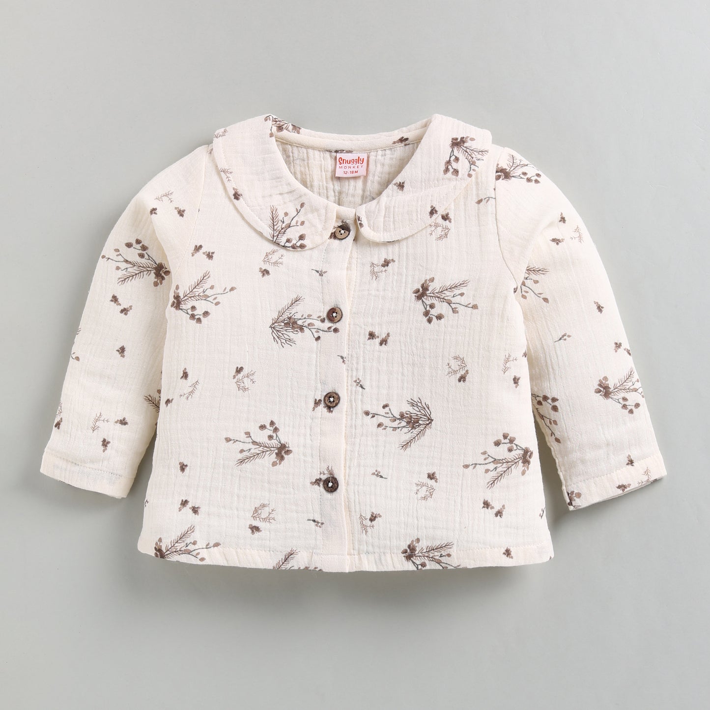 Muslin Cotton Full Floral Girls Nightsuit Set - Brown