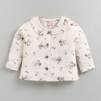 Muslin Cotton Full Floral Girls Nightsuit Set - Brown