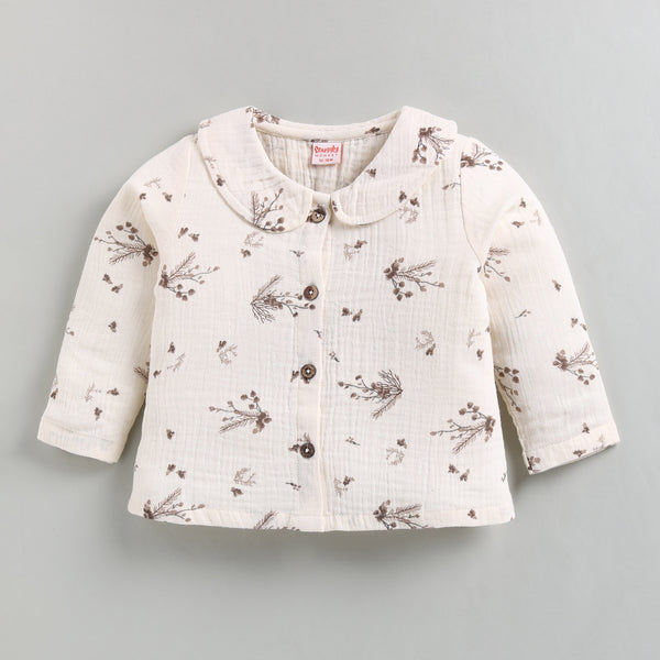 Muslin Cotton Full Floral Girls Nightsuit Set - Brown