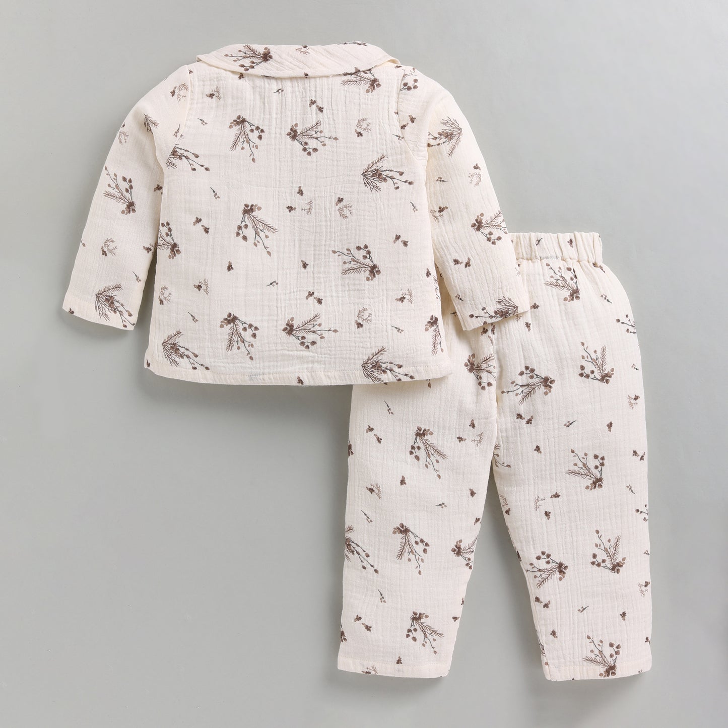 Muslin Cotton Full Floral Girls Nightsuit Set - Brown