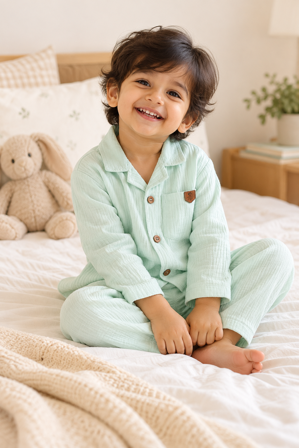 Full Sleeves 100% Cotton Muslin Night Suit Set - Mint Whisper