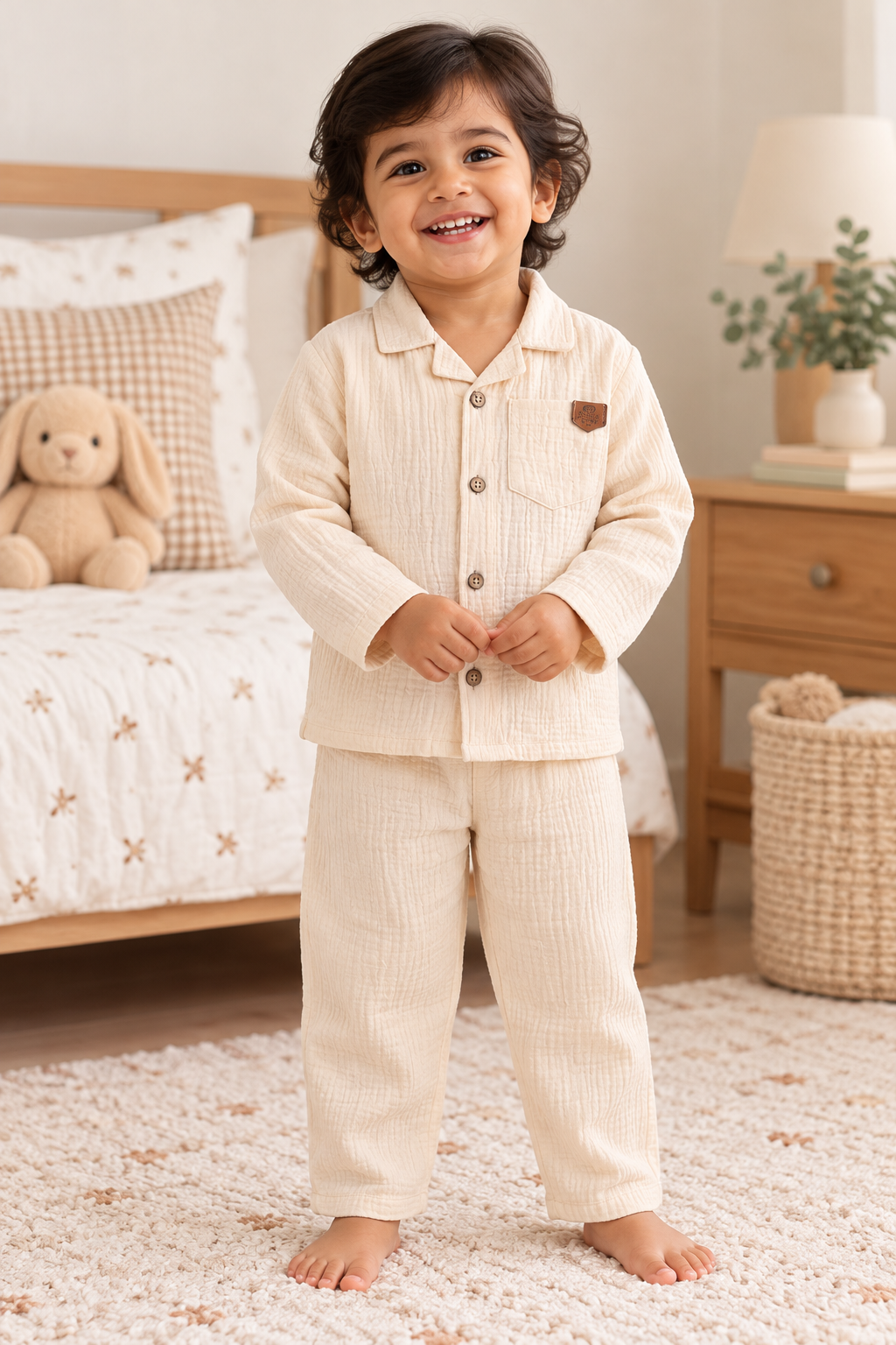 Full Sleeves 100% Cotton Muslin Night Suit - Biege